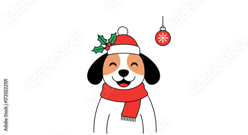 A happy dog wearing a festive christmas hat and scarf with a bauble hanging.