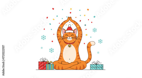 A cheerful cat wearing a santa hat meditates peacefully surrounded by festive snowflakes and Christmas presents.