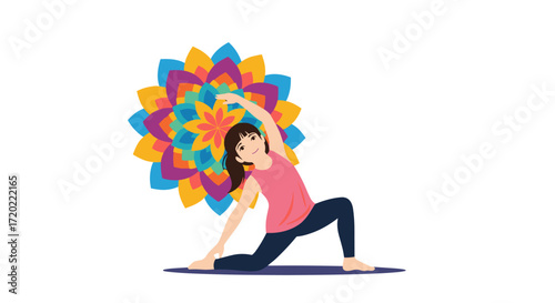 A woman performs a yoga pose with a colorful mandala behind her symbolizing peace and balance.