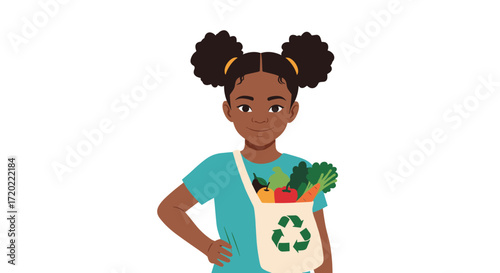 A young girl with a reusable shopping bag filled with fresh produce stands ready to make a difference in the world.