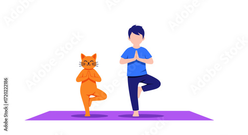 A boy and his cat practicing yoga together on a mat performing a tree pose exercise.