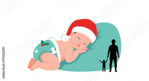 A sleepy baby wearing a Santa hat rests peacefully on a soft cushion with two silhouetted figures nearby.