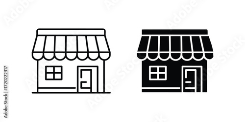 Storefront shop icon outline and filled versions for commerce