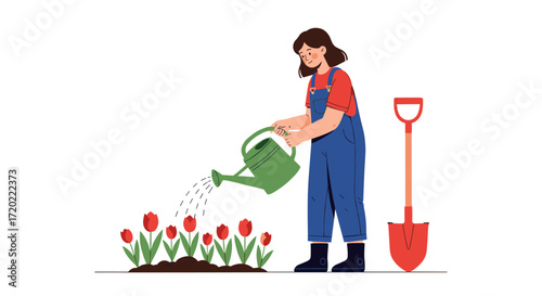 A person watering a bed of tulips with a watering can and a shovel nearby.