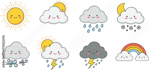 Cute Weather Icon Set with Sun, Clouds, Rain, Snow, Thunderstorm, Rainbow – Kawaii Cartoon Forecast Elements for Kids