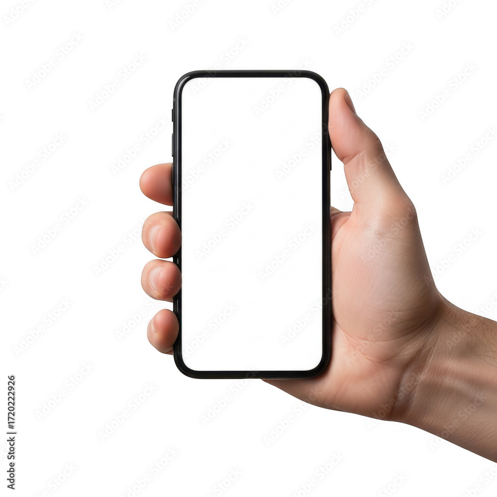 Close-up hand holding modern smartphone with blank screen for mockups and app previews transparent background