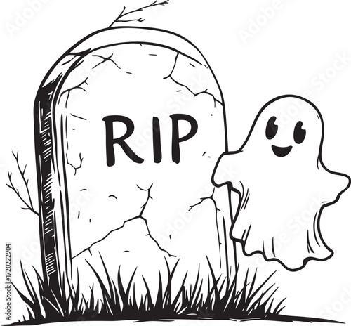 A cartoon drawing of a tombstone with rip and a ghost floating next to it on a white background