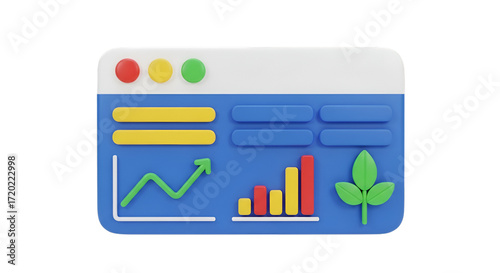 3D Business Dashboard with Growth Charts and Leaf Icon
