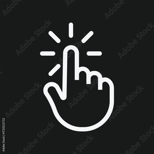 White Hand Click Icon with Radiating Lines on Black Background, Minimalist Touch Gesture Symbol for UI Interaction, Tap Activation, and Digital Interface Design