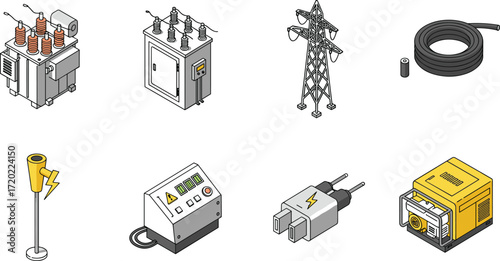 Isometric Electrical Equipment Vector Set – Transformer, Power Cable, Generator, Electric Plug, Circuit Panel, High Voltage Tower, Industrial Power Tools Illustration Pack