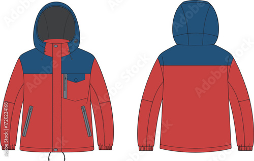 Technical fashion flat sketch of a women's color block jacket, front and back views, hooded waterproof outerwear, apparel vector template for clothing design.