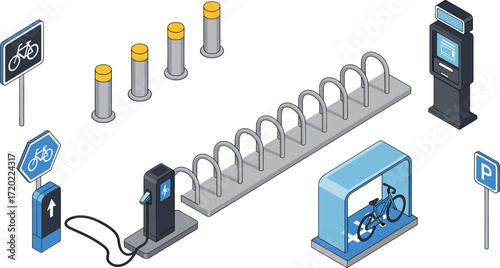 Isometric vector illustration of bicycle parking station with bike racks, electric bike charger, parking signs, payment kiosk, and bike shelter for urban mobility