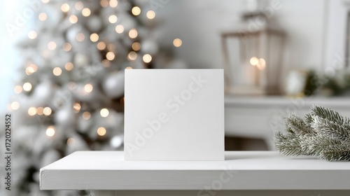 a mock up for a square white greeting card it sits on a white shelf and the background is white with white christmas tree branches bokeh and twinkling lights the c