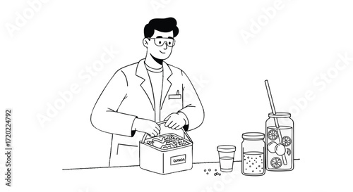 Illustration of a scientist in a lab coat carefully packing a healthy food box with fresh ingredients, depicting precise meal preparation and nutritional research