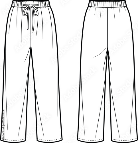 Technical drawing, front and back view, sweatpants design, fashion flat sketch, lounge pants, garment pattern, apparel template, clothing illustration, vector
