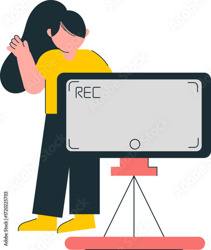 Woman with Long Dark Hair Recording Video on Tablet with Tripod.