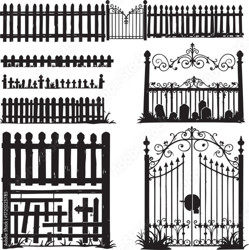 A collection of various black and white fence and gate designs with graveyard elements in silhouette style