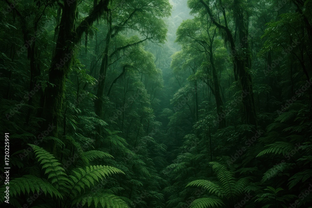 Fototapeta premium Lush rainforest with towering trees.