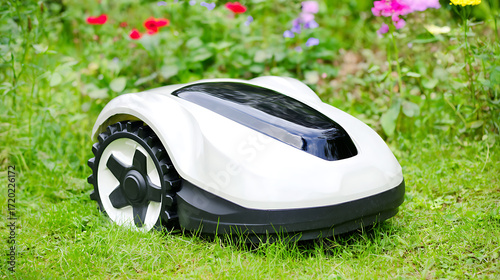 Fototapeta Naklejka Na Ścianę i Meble -  Automated lawn mower on grass in a flower-filled garden