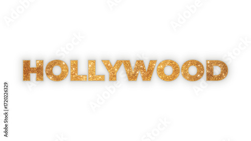 Hollywood word in sparkling gold glitter texture with a radiant shine. Glamorous cinematic text element isolated on a transparent background for easy compositing and design projects.