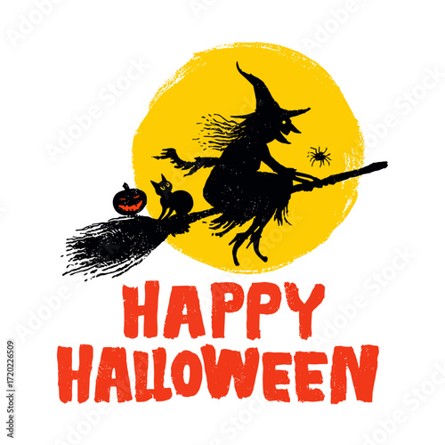 Witch flying on broomstick with cat and pumpkin against full moon  
