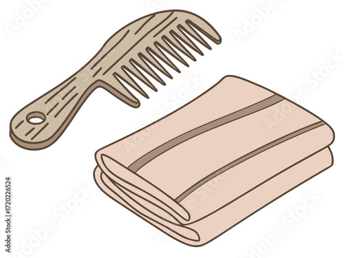 Wooden comb and folded towel on white background  