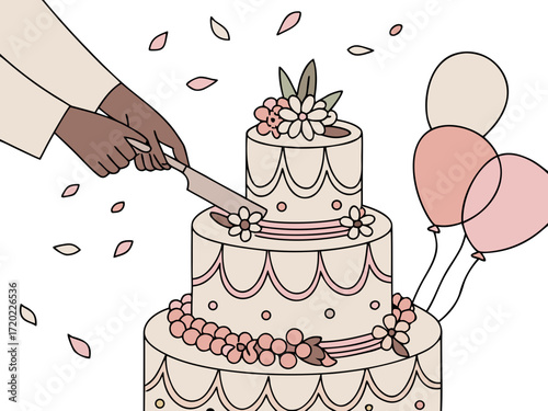 Hands cutting a wedding cake decorated with flowers and balloons  