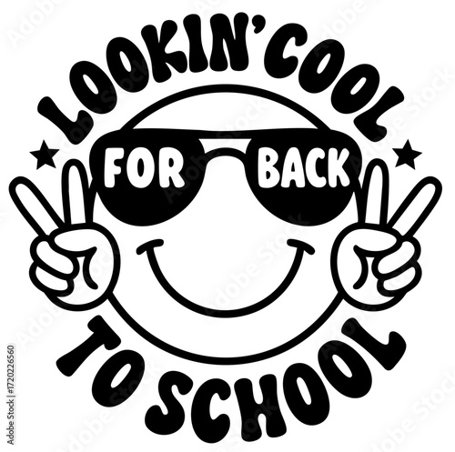 Back to school smiley face with sunglasses and peace hand gestures, cheerful cartoon emblem for kids, teens and student education theme