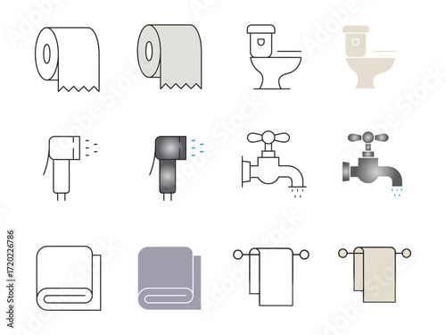 Bathroom Item Icon Set. Illustrations, Toilet Items, hand Shower, Tap Icon, Towel Icon 