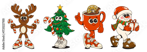 Groovy retro cartoon Christmas characters set with reindeer holding candy canes, Christmas tree mascot, hot cocoa mug and snowman with gift for festive design.
