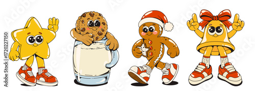 Retro groovy Christmas character set with shining star mascot, cookie with milk, gingerbread man and holiday bell with ribbon in sneakers
