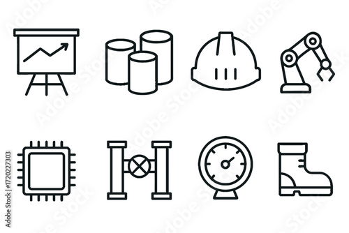 Industrial process icons including graphs, equipment, and tools  