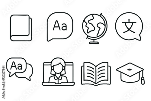Outline vector icons of language learning: book, globe, laptop, graduation cap — set of modern line style icons, transparent background  