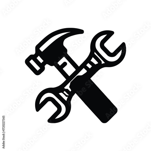 Hammer and wrench tools crossed icon for repair and construction