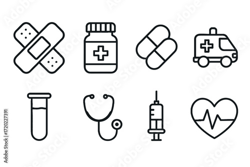 Medical outline vector icons set of first aid and healthcare symbols  
