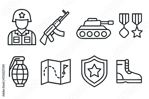 Military icons set including soldier, weapons, medals, and equipment  