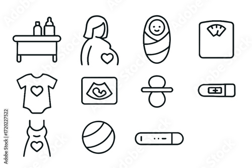 Outline vector icons of pregnancy: baby items, expecting mother, health  
