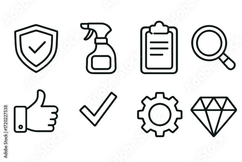 Outline vector icons of quality control: shield, spray bottle, clipboard, checkmark, gear, thumbs up, diamond — set of modern line style icons, transparent background.  