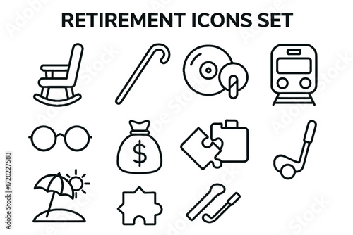 Retirement icons set featuring leisure activities and essentials  