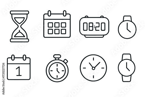 Outline vector icons of time concepts: hourglass, calendar, clock, stopwatch, watch — set of modern line style icons, transparent background.  