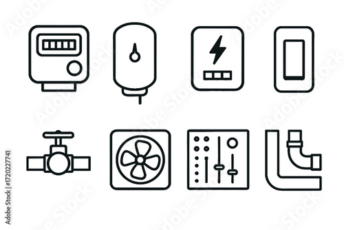Line icons of utility equipment including meter, valve, and fan  