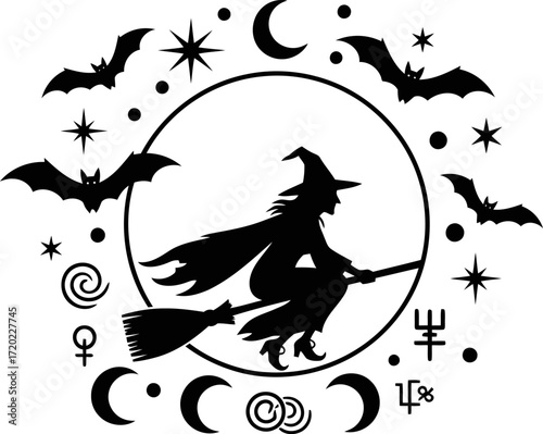 Witch on a broomstick flying in a circular frame with celestial and mystical symbols halloween night