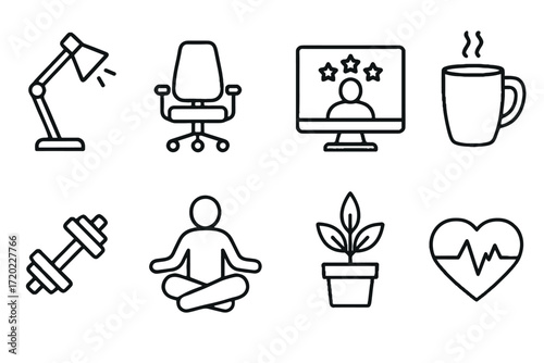 Workplace wellness icons set featuring lamp, chair, computer, and more  