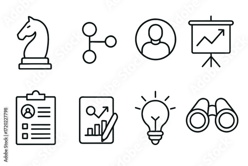 Outline vector icons of business strategy: chess piece, graph, light bulb, and binoculars — set of modern line style icons, transparent background.  