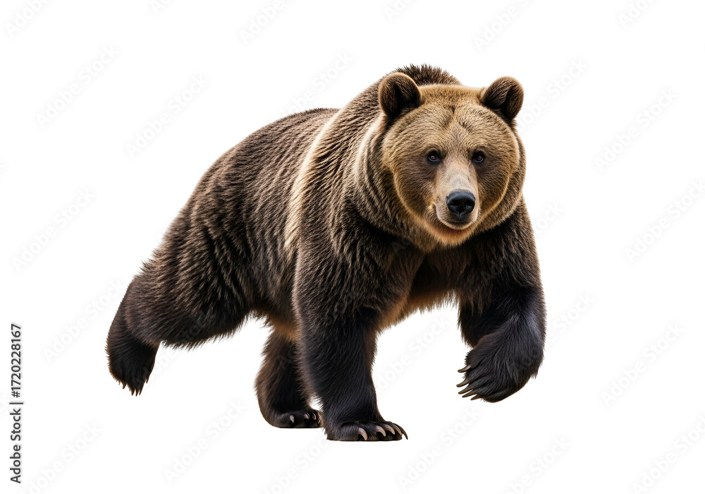 Obraz premium A brown bear, powerfully built and alert, strides confidently against a stark black background.