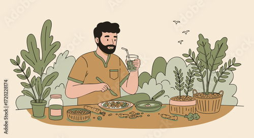 Healthy Eating A Man Enjoying a Freshly Prepared Meal with Natural Green Smoothie