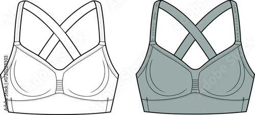 Women's technical fashion flat sketch of a sports bra with criss-cross back straps, fitness apparel design, activewear garment vector template on white background.