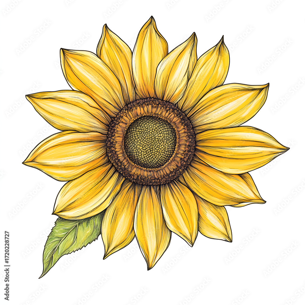 Fototapeta premium Hand-Drawn Illustration of a Sunflower with Rich Yellow Petals and a Detailed Brown Center, Capturing the Beauty of Nature