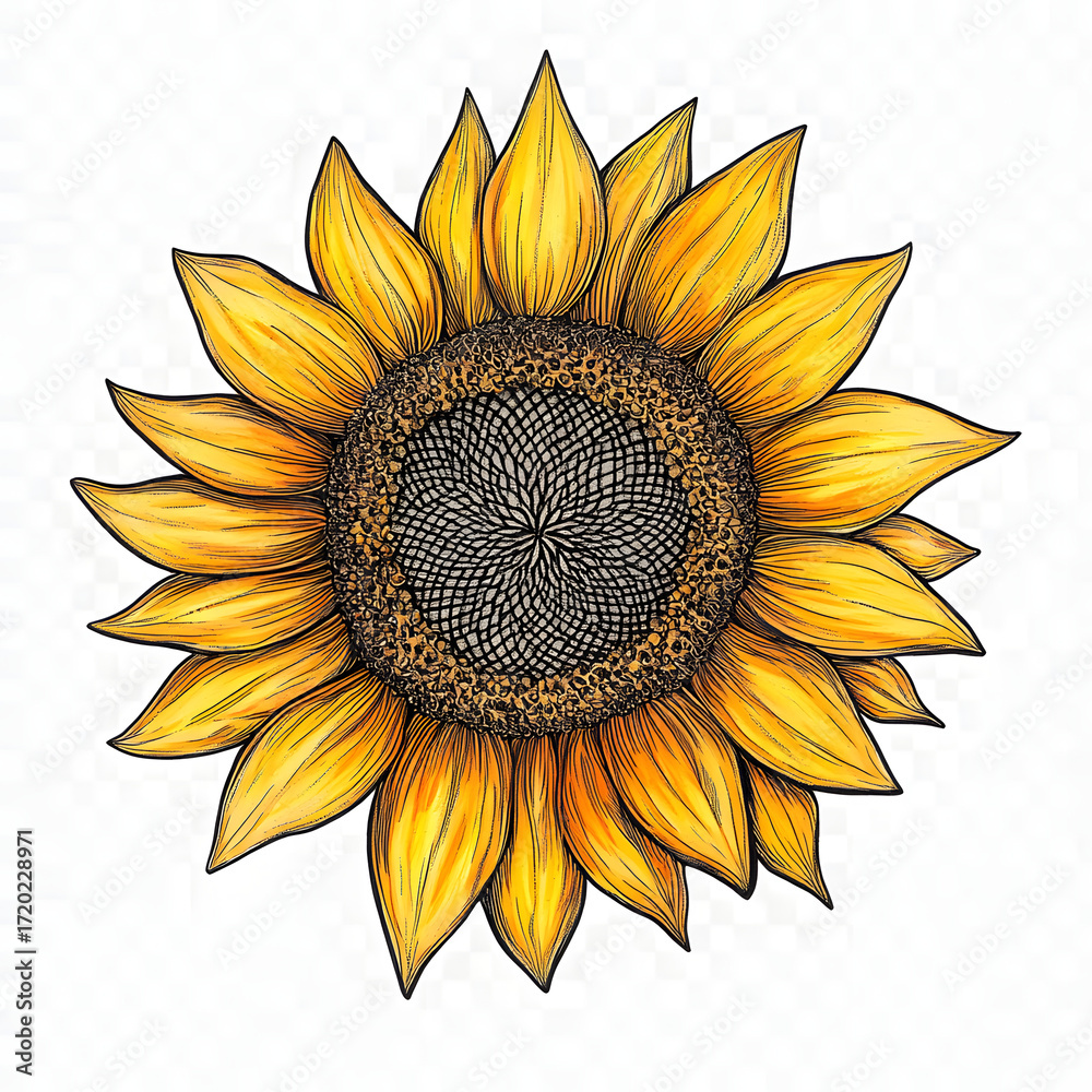 Fototapeta premium Hand-Drawn Illustration of a Sunflower with Rich Yellow Petals and a Detailed Brown Center, Capturing the Beauty of Nature