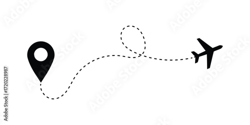 Airplane path icon with location pin and dotted flight trail